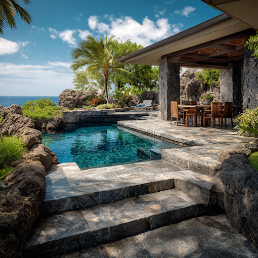 Custom Big Island pool surrounded by lava rock and tropical landscaping