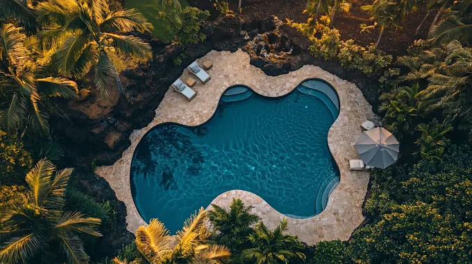 Aerial view of a freeform pool nestled in tropical landscaping